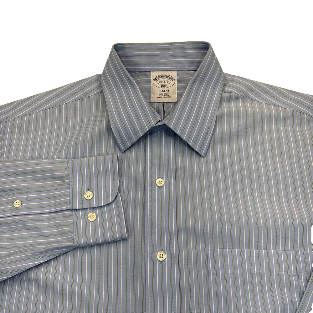 Brooks Brothers 1818 Regent Dress Shirt Mens 15 Blue Stripe Non-Iron Cotton Vtg